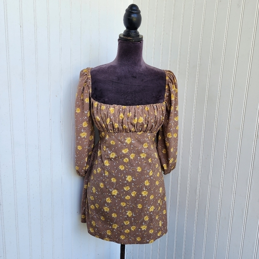 Et Clet Womens Brown Yellow Floral Off Shoulder Puff Sleeve Open Tie Back Sz S